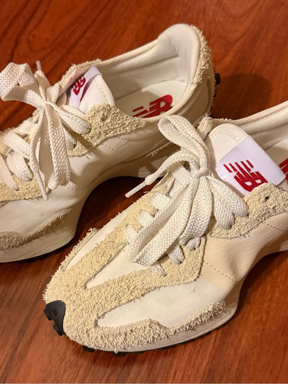 New Balance Women's Cream Suede-Trim Lace-Up Sneakers with Red Logo